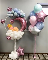 Малышка на облаке, розовый/голубой/бирюза + фонтан из 10 шаров