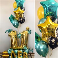 Именной микс из шаров + фонтан из 9 шаров, золото/зелёный хром